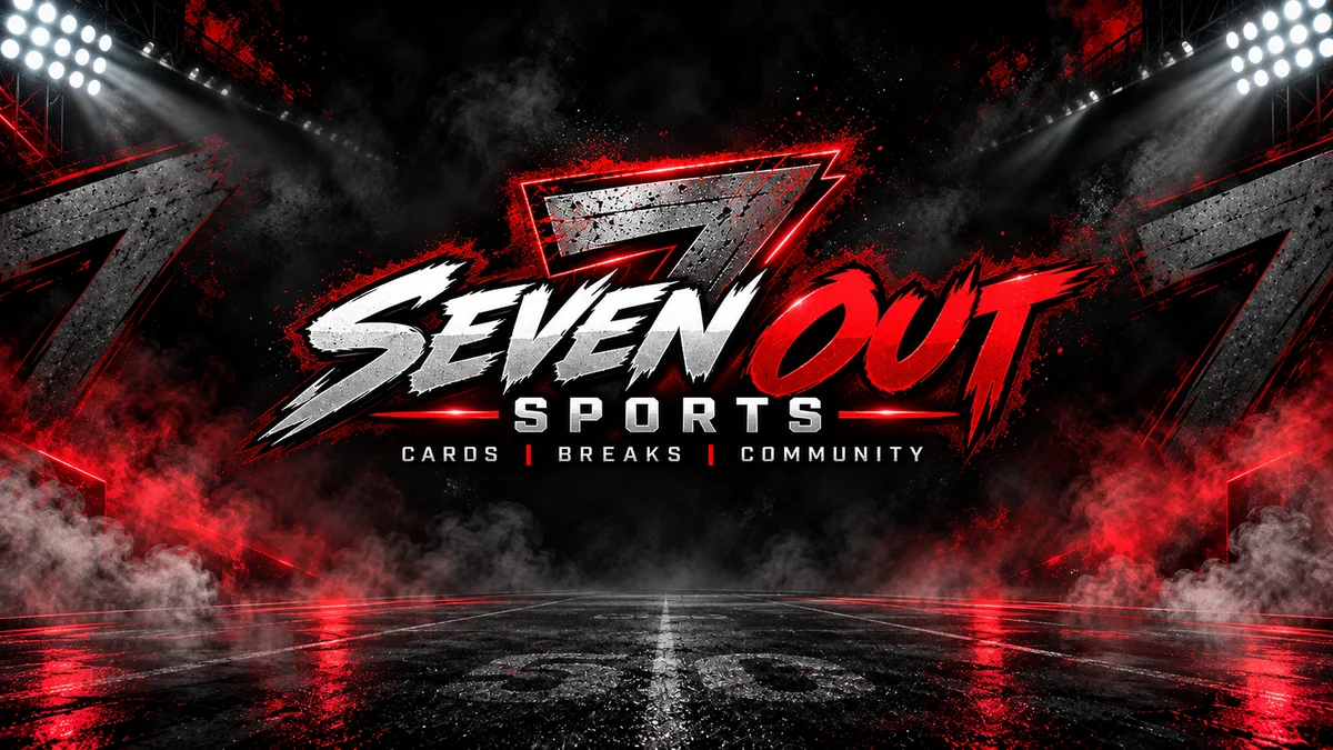 Seven Out Sports branding in a red-lit sports card arena